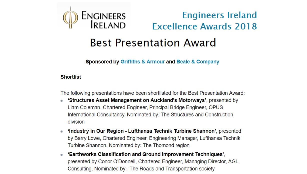 AGL Consulting 2018 Engineers Ireland Excellence Awards